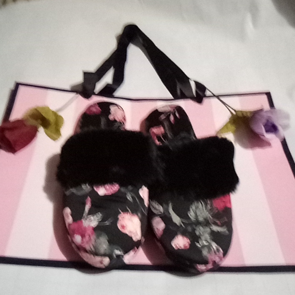 NEW Victoria Secret Satin Slippers Rose with Faux Fur